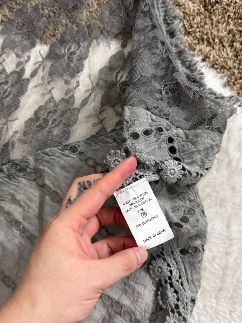 Whimsical fairy grunge grey lace patchwork cloth with butterfly embroidery